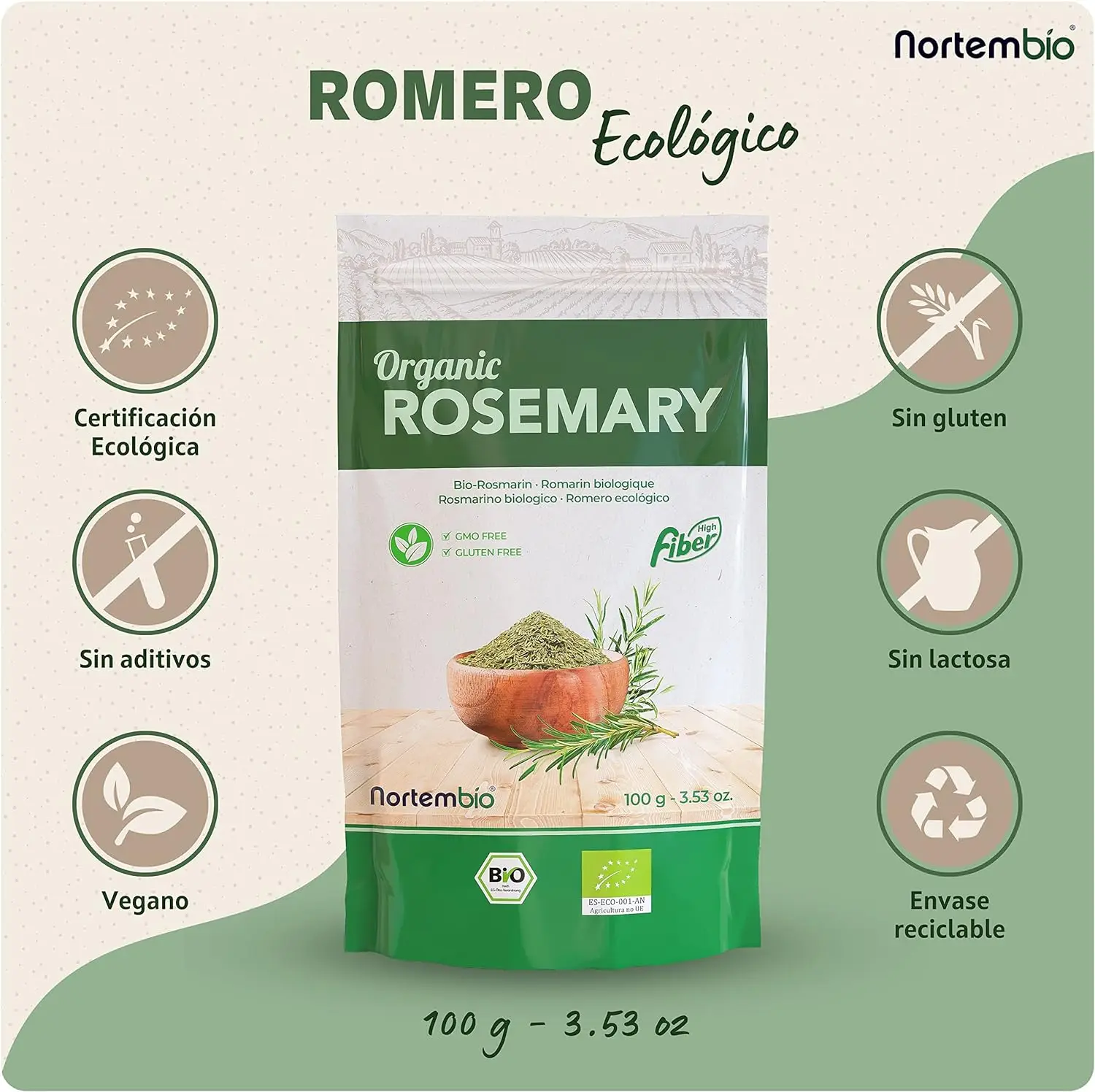 Nortembio-organic dry rosemary 100g-Natural 100% origin-rosemary rubbed without additives or preservatives-gently dried rosemary leaves especially for Pasta and Pizzas.