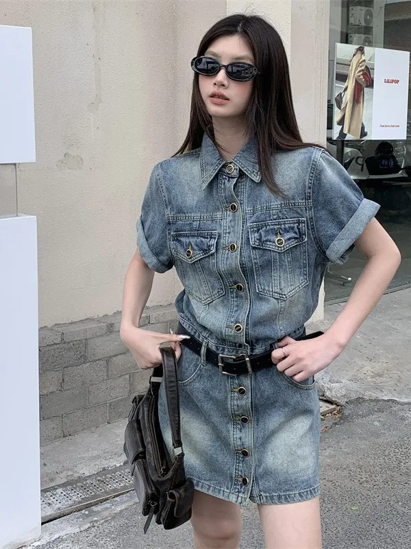 

plus Size Women's American Retro Turn-down Collar Denim ort-sved Dr Summer New Waist-cinching A-line Skirt