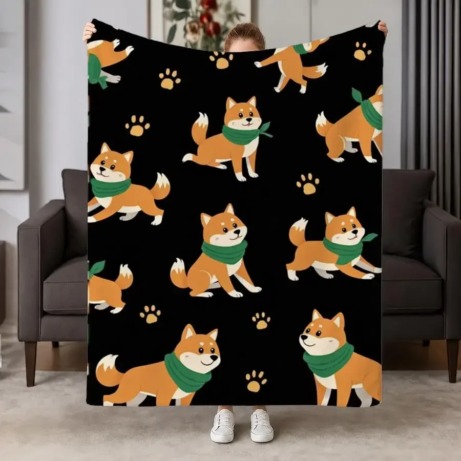Cozy Shiba Inu Weighted Throw Blanket Suitable for - Use - Soft Flannel Bedspread with Green Scarf Shiba Dogs on Black