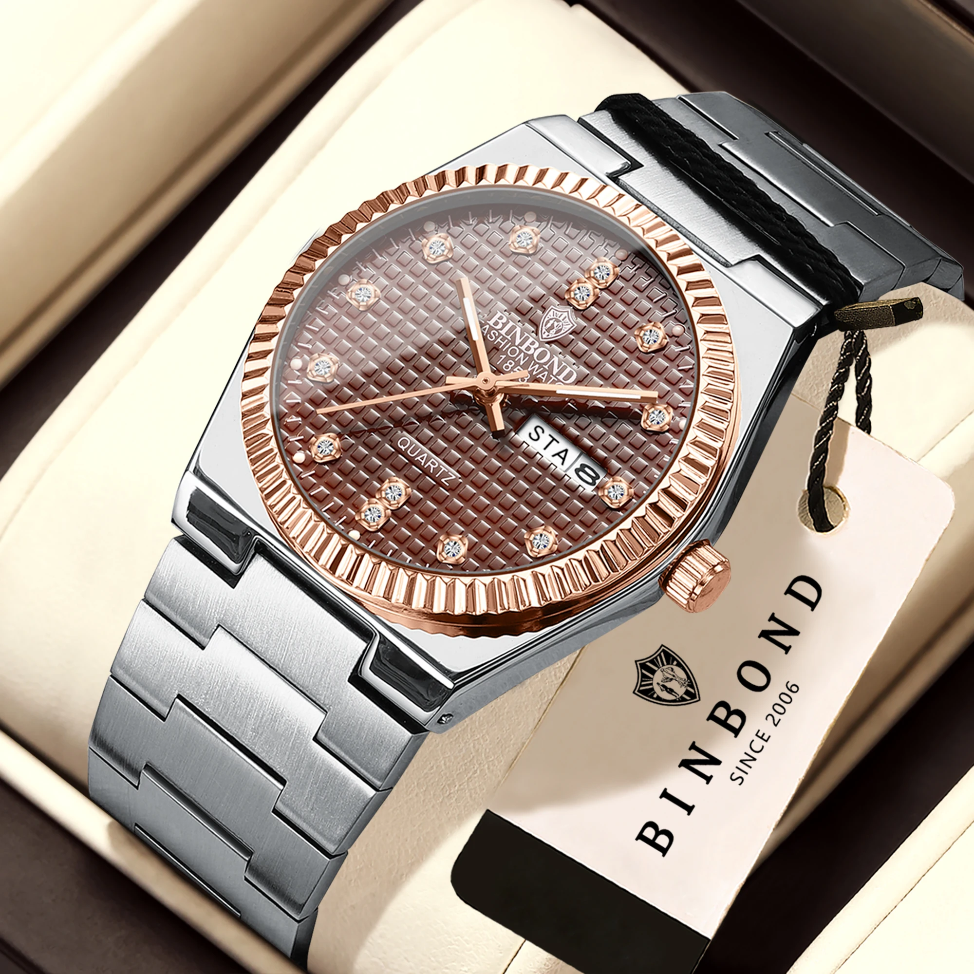 BINBOND Quartz Watches For Men Luxury Luminous Waterproof Stainless Steel Men's Wristwatch Reloj Hombre Original Man Watch