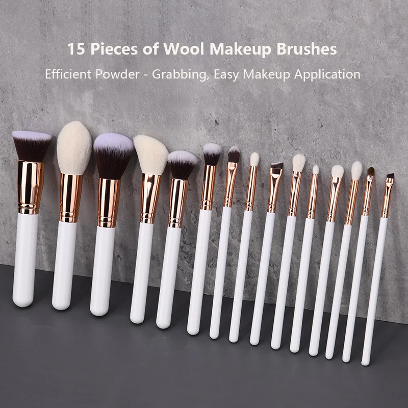15 Pcs Premium White Wooden Makeup Brushes Set - Natural Goat Hair Eyeshadow & Powder Brush Professional Cosmetic Tools