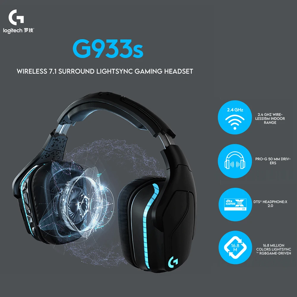 سماعة الألعاب اللاسلكية Logitech G933S الأصلية فوق الأذن مع ميكروفون، صوت محيطي 7.1، وضع مزدوج 2.4 جيجا هرتز، USB-C