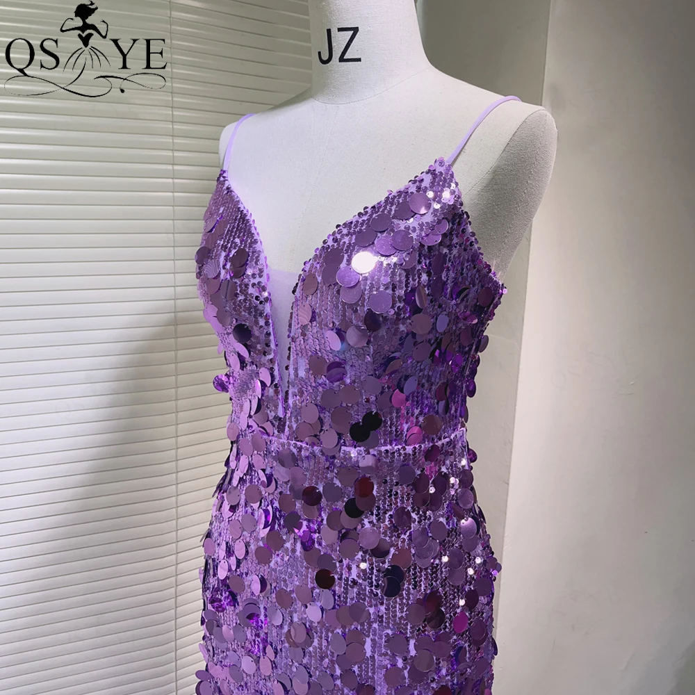 Big Sequin Purple Evening Dresses 2024 Sequined Full Mermaid V Neck Evening Gown Big Sequins Spaghetti Straps Formal Party Dress