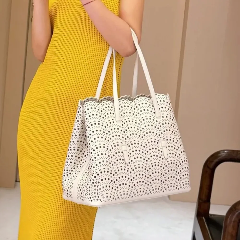 Wave Hollow Carved Tote Bag Large Capacity Vegetable Basket Handbag Leather Commuter Shoulder Texture Unique Fashion Simple