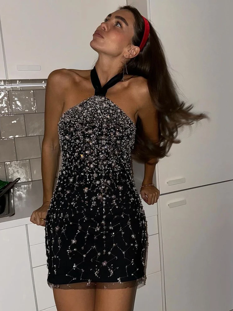 Celebrity Mini Cocktail Black Slimming Halter Short Dress For Women Sleeveless Patchwork Sequins Prom Party Wear