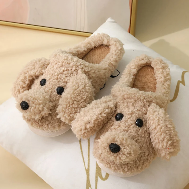 Cute Dog Plush Slippers for Women Winter 2025 Non Slip Furry Cotton Slippers Woman Light Keep Warm Cotton Indoor Shoes Mujer