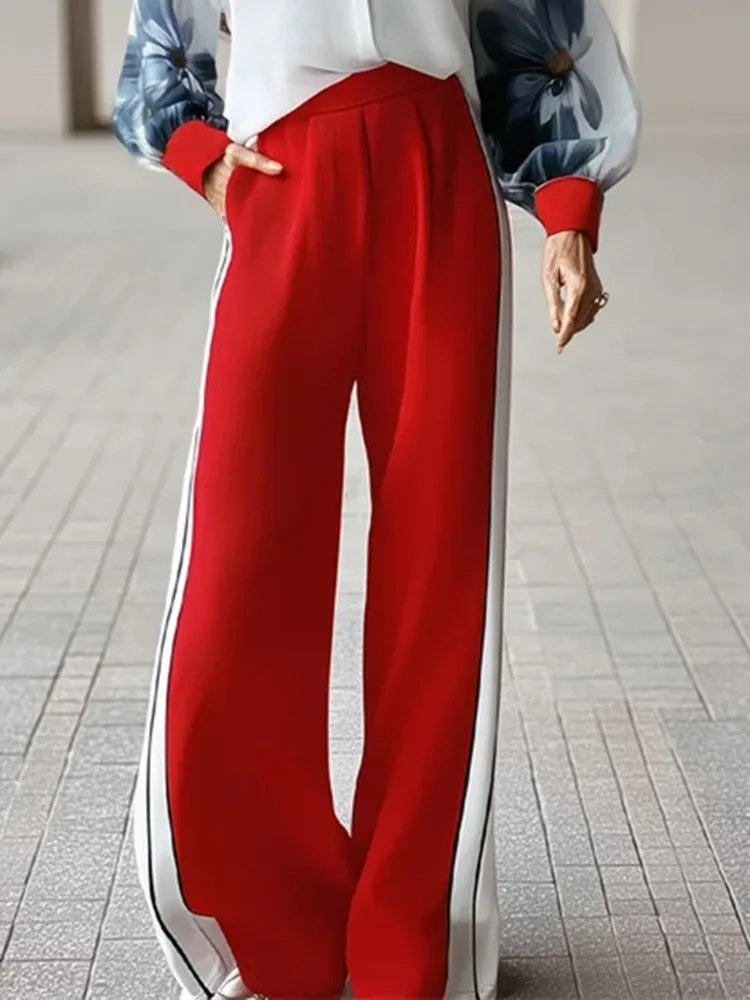 

UOOZEE 2026 Женские модные брюки с боковыми полосками контрастного цвета, широкие штанины, высокая талия, свободные, с карманами, плиссированные, повседневные офисные брюки