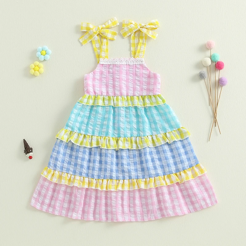 Toddler Girl Summer Sweet Dress Plaid Print Tie-up Sleeveless Tiered Ruffled A-Line Dress for 0-4 Years