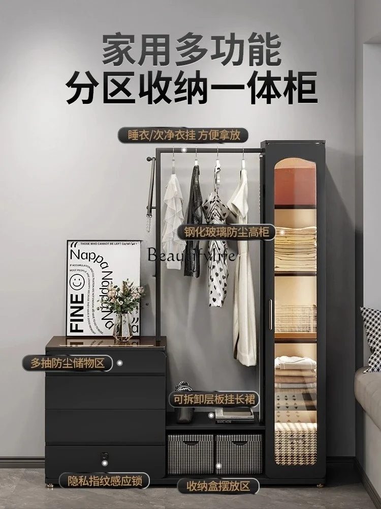 

2 yj15 Simple Modern Floor-standing Coat Rack and Chest of Drawers Integrated Black Storage Cabinet
