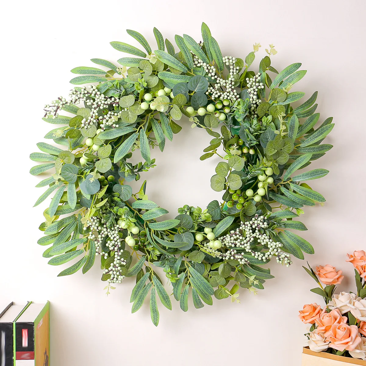 Yannew Artificial Green Eucalyptus Wreaths for Front Door Spring Summer Wreath with Olive Leaves Berry Indoor Outdoor Wall Decor