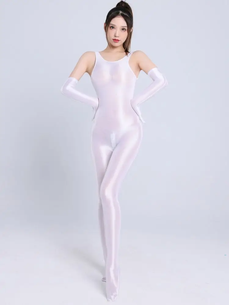 Bez rękawów błyszczące błyszczące rajstopy Bodystocking Zipper otwarte krocza body opięty seksowny kombinezon połączony trykot Catsuit Unitard