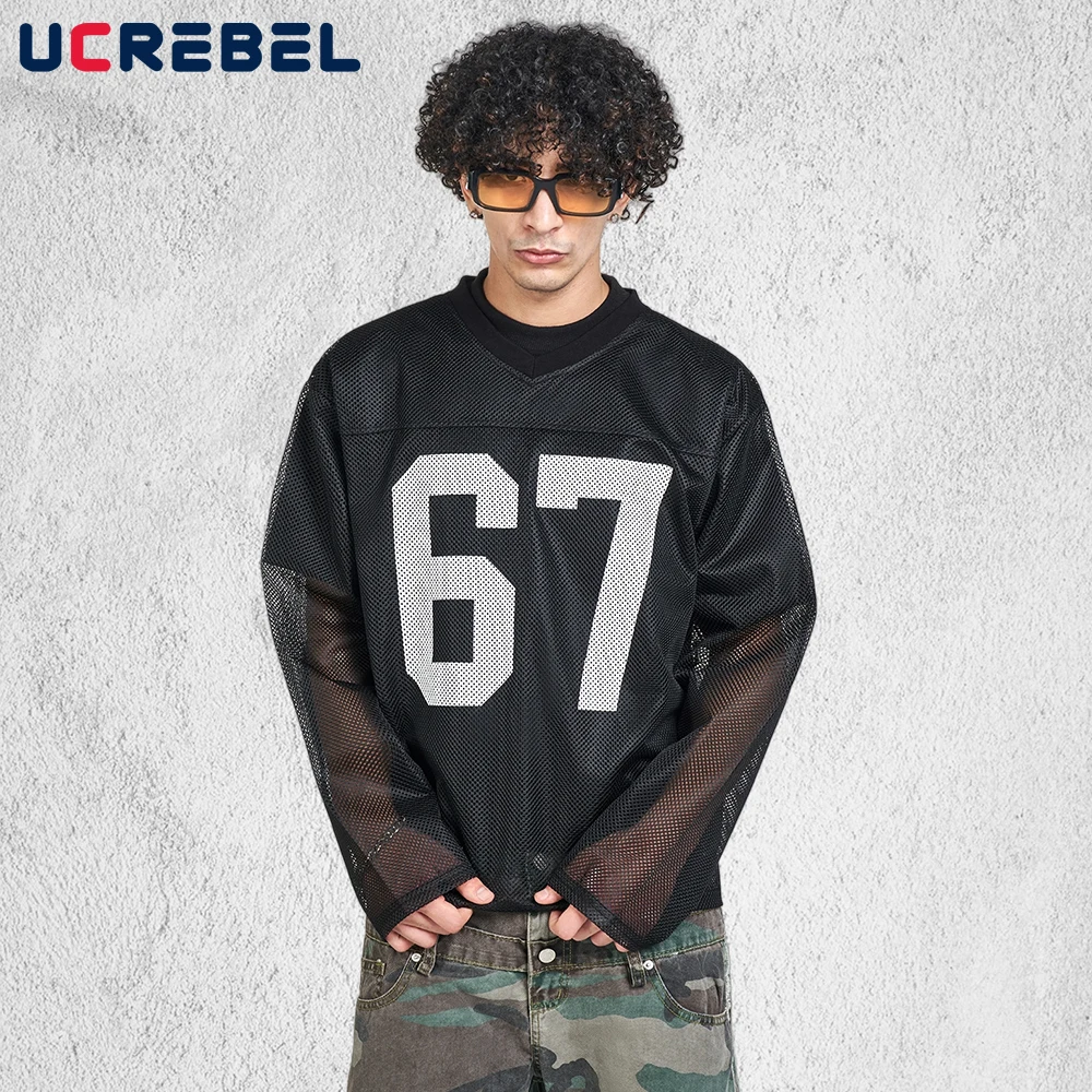 Letter Print Mesh Long Sleeve T-shirt Mens Contrast Paneled Hip Hop Streetwear Loose V-neck Long Sleeve Tee Man