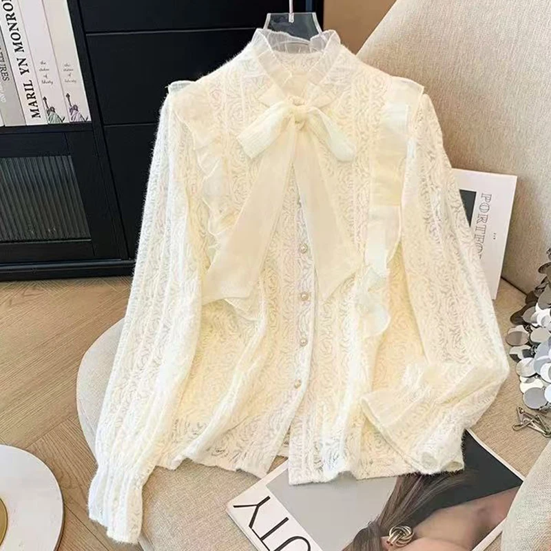

Элегантная блузка с кружевом и бантом, весенняя модная блузка с рюшами и лоскутным узором, с длинными рукавами, в корейском стиле, роскошная офисная блузка для женщин