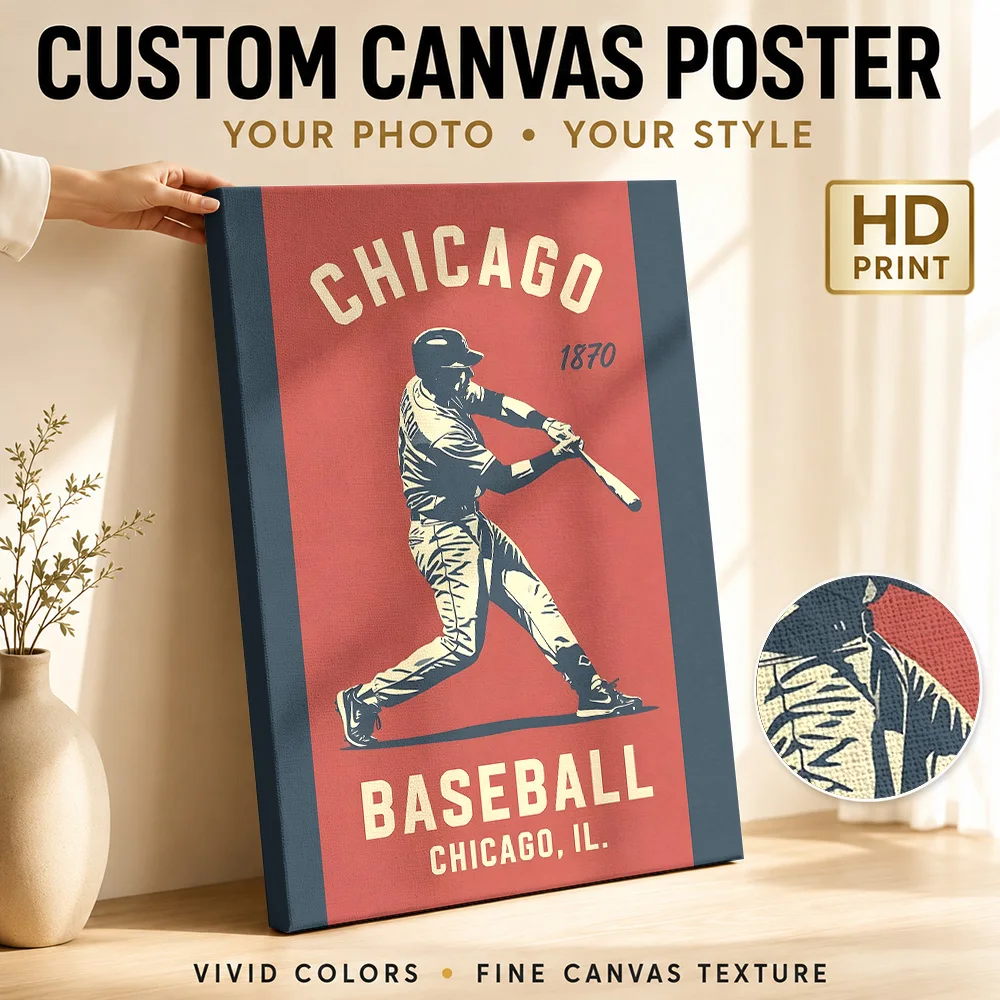 Chicago Baseball Vintage Canvas Painting Poster Custom Photo Sports Portrait Canvas Wall Art for Game Room Decor Ready to Hang