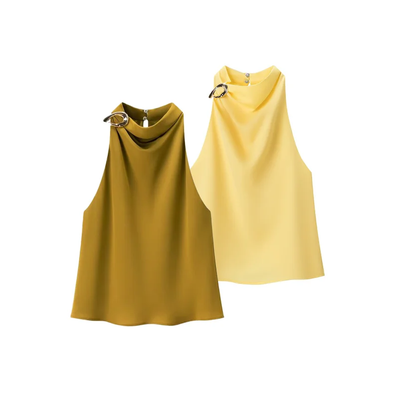 Women's Summer Sleeveless Halter Neck Top, Elegant Draped Blouse with Metal Buckle Detail, Casual Office Wear for Daily Outing