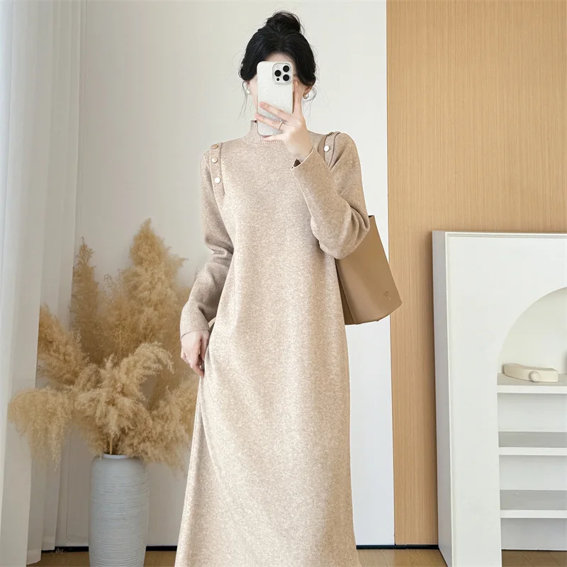 

New Women Autumn Winter Sweater Dress Fashion Half High Collar A-Straight Loose Knitted Dress Casual Simplicity Long Sweater