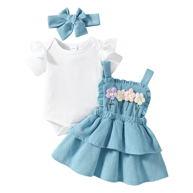 

Baby Girls Summer Outfit Short Sleeves Rompers and Crochet Flowers Suspender Skirt Headband 3 Piece Clothes Set