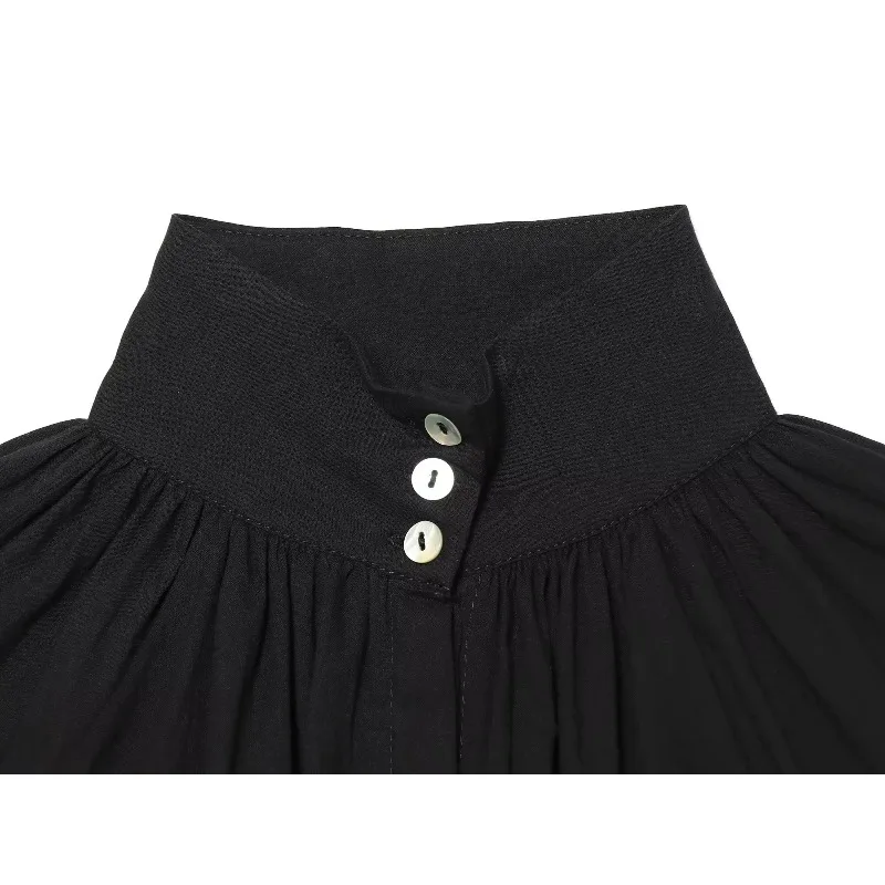 SMVP 2026 Summer Women's Elegant Solid Color High Neck Long Sleeve Gathered Blouse Drawstring Hem Loose Fit Casual Black Shirt