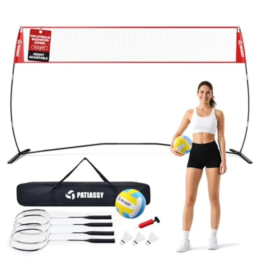 

Backyard outdoor volleyball and badminton net set: aluminum frame black-gray 14FT portable system with 5.18FT adjustable height