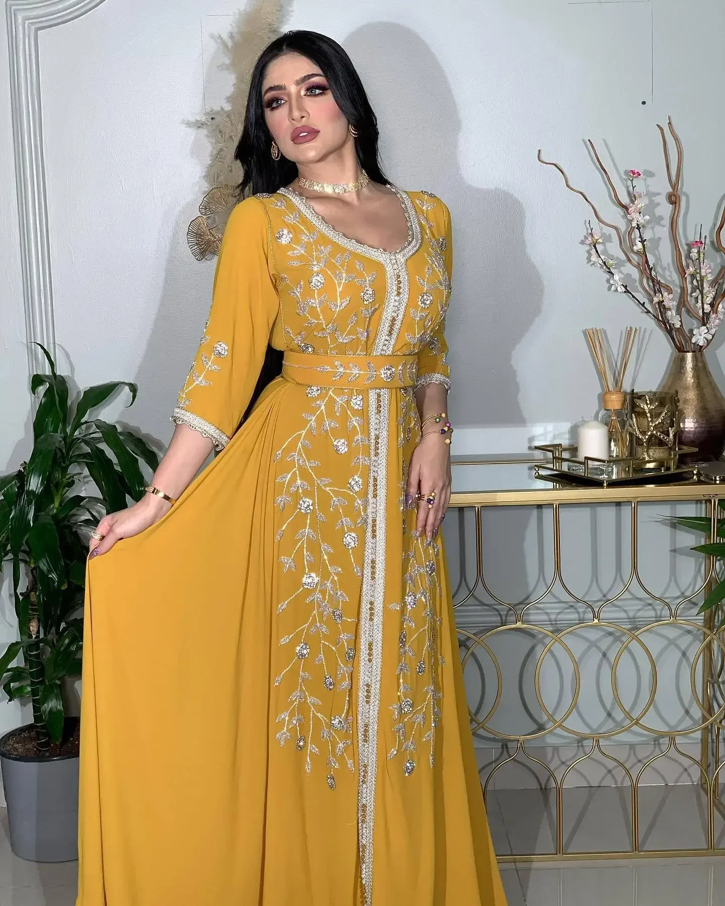 Elegant Eid Muslim Evening Party Jalabiya Marocain Dress Ramadan Arabic Yellow Embroidery Abaya Islamic Turkish Moroccan Kaftan