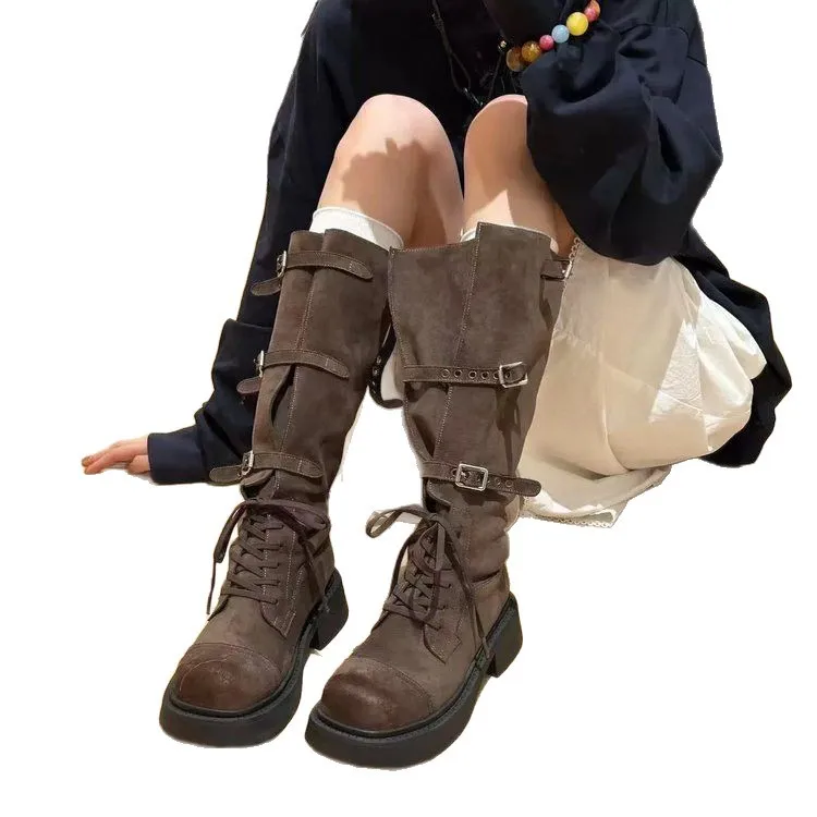 Designer Women's Boots Autumn Platform Lace Up Knight Boots New Round Toe Belt Buckle Knee High Boots for Women Motercycle Boot image 5