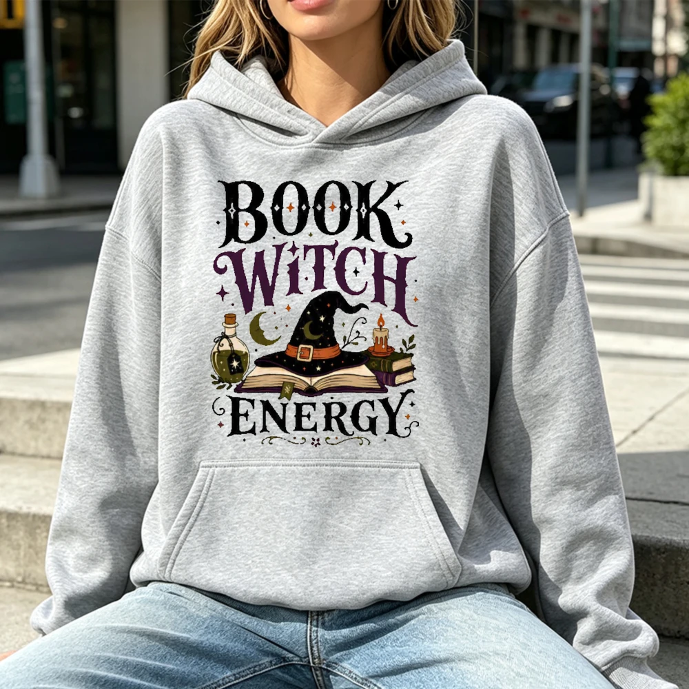 Book Witch Energy Hoodie Unisex Science Magic Book Graphic Printed Sweatshirt Women Men Fall Halloween Casual Pocket Warmers
