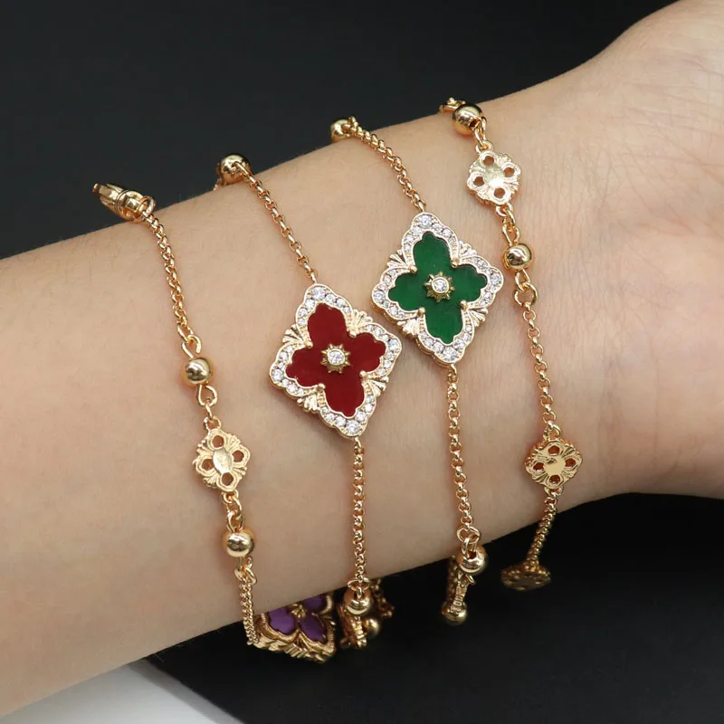 

Brand Single Flower Fashion Bracelet 18k Gold Plated Natural Stone Vintage Bracelets Luxury Jewelry for Women