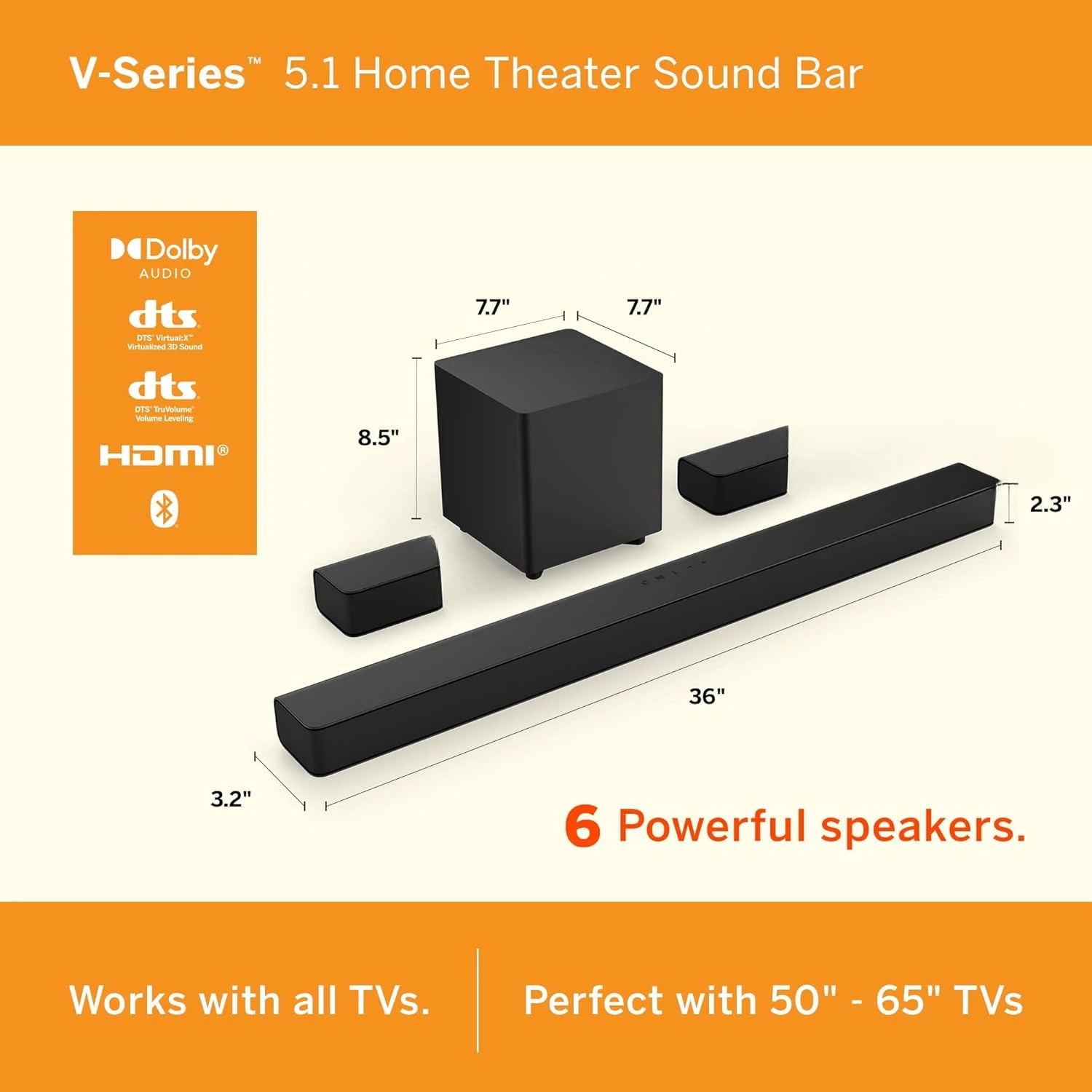 V-Series 5.1 Home Theater Sound Bar with Dolby Audio Bluetooth Wireless Subwoofer Voice Assistant Compatible Includes