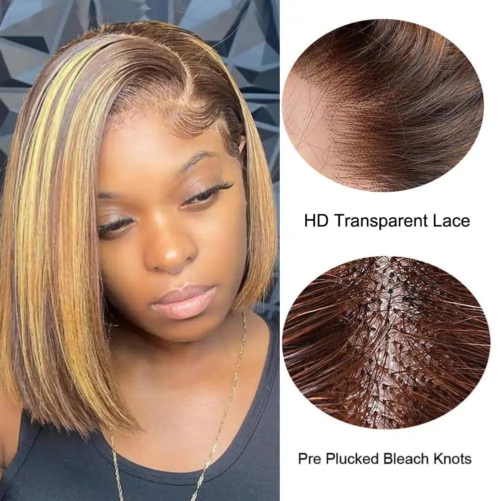 

Honey Blonde Bob Human Hair Wigs 13x4 Lace Front Wigs P4/27 180 Density Human Hair Wigs for Women Pre Plucked With Baby Hair