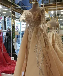 Champagne Elegant Evening Dresses with Detachable Train Long Sleeves Party Prom Gown Robes De Soirée