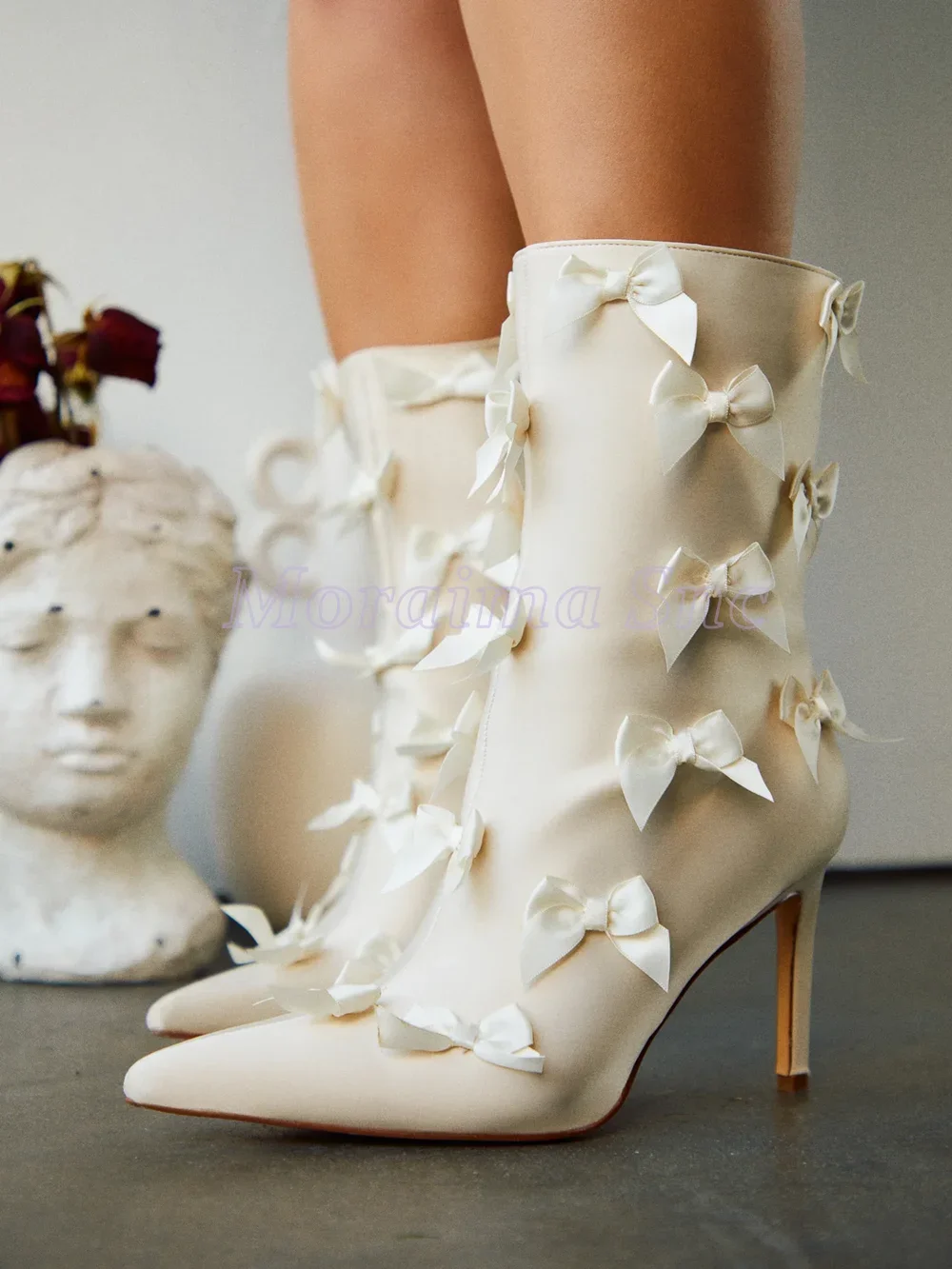 

Bow Tie Pointed Toe Ankle Boots Stiletto High Heel Side Zipper Butterfly Knot Fashion Women's Short Boots White Solid Spring New