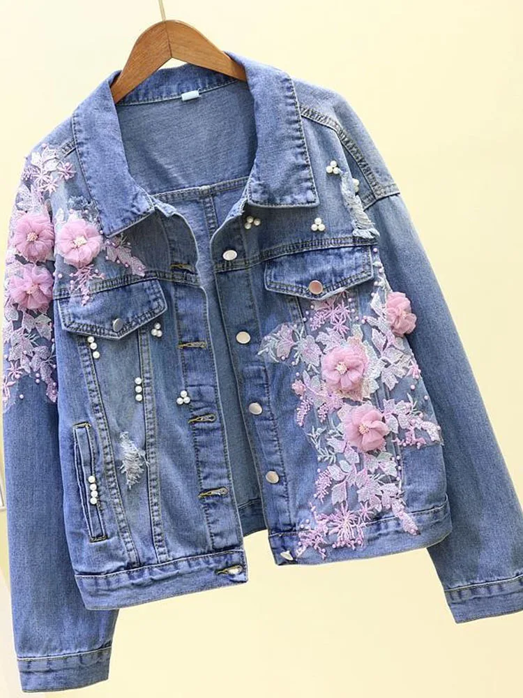 Women's 3D Flower Embroidered Denim Short Coat, Loose Jacket, Women Jeans, Spring and Autumn