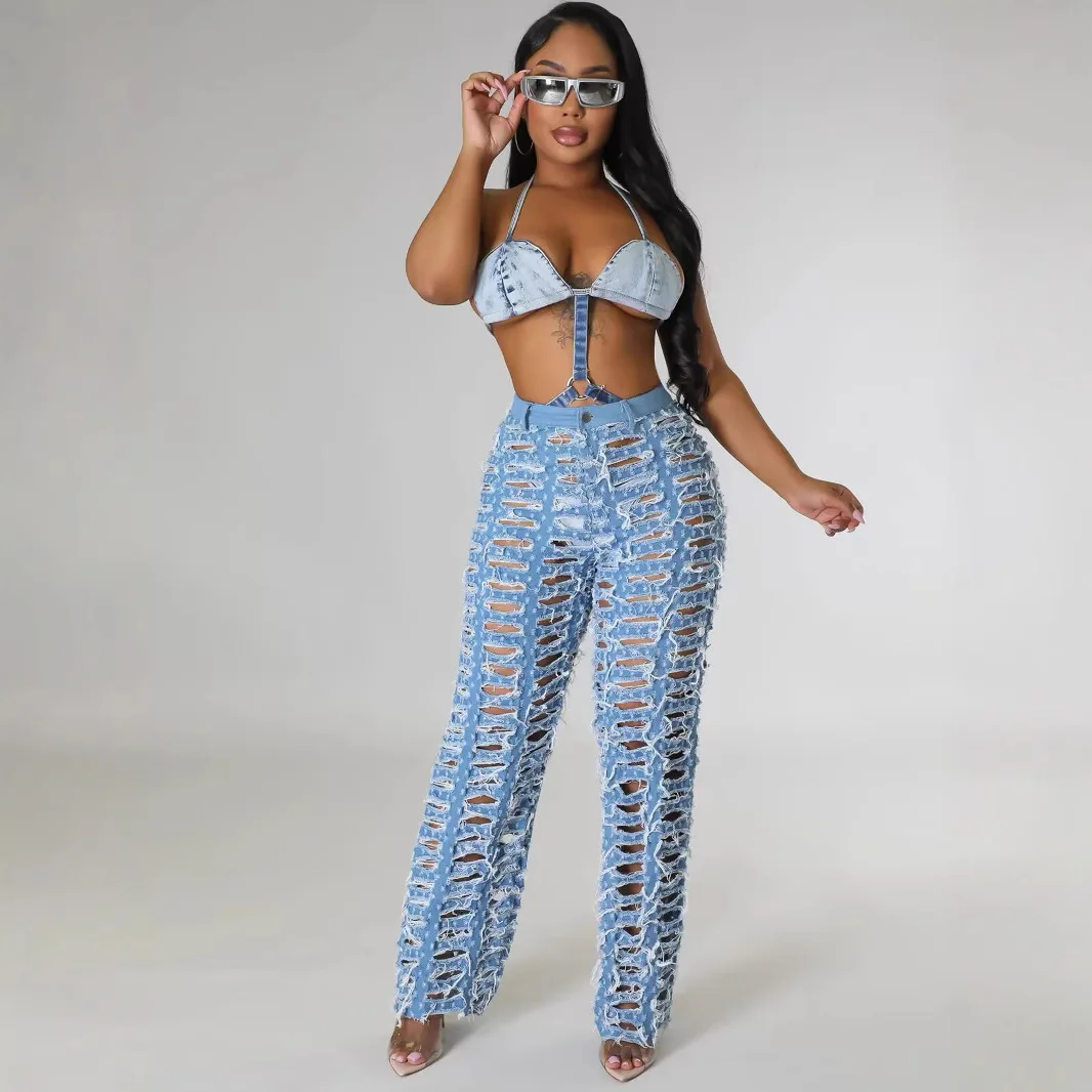 

Рваные джинсы с высокой талией 2024, новые весенне-летние женские модные однотонные широкие джинсы с бахромой