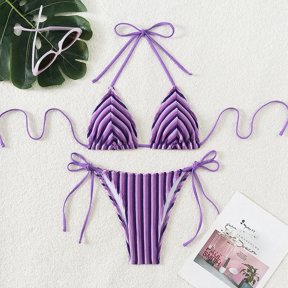 9 couleurs nouvelle serviette tissu licou cou cravate rayé Bikini maillot de bain pour les femmes été plage vacances taille basse maillots de bain 2024