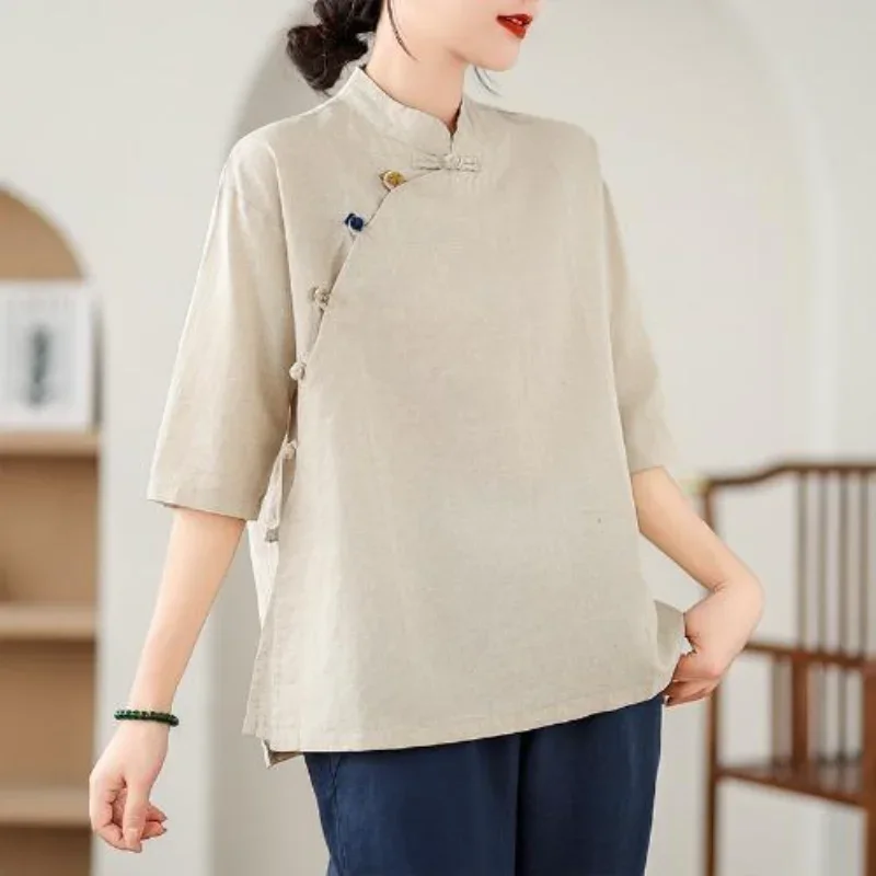 Shirt with Diagonal Placket and Stand-up Collar Tea Top New Women's Retro Cotton Linen Short-sleeved