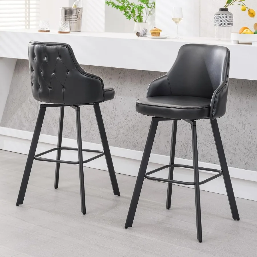 Kitchen island bar stools set of 2, 30 inch swivel with back, metal frame, black finish, ergonomic comfort and space-saving rot