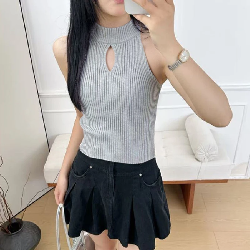 

Sleeveless Knitted Cold Shoulder Hot Girl Sexy Halter Neck Camisole Small Vest For Women
