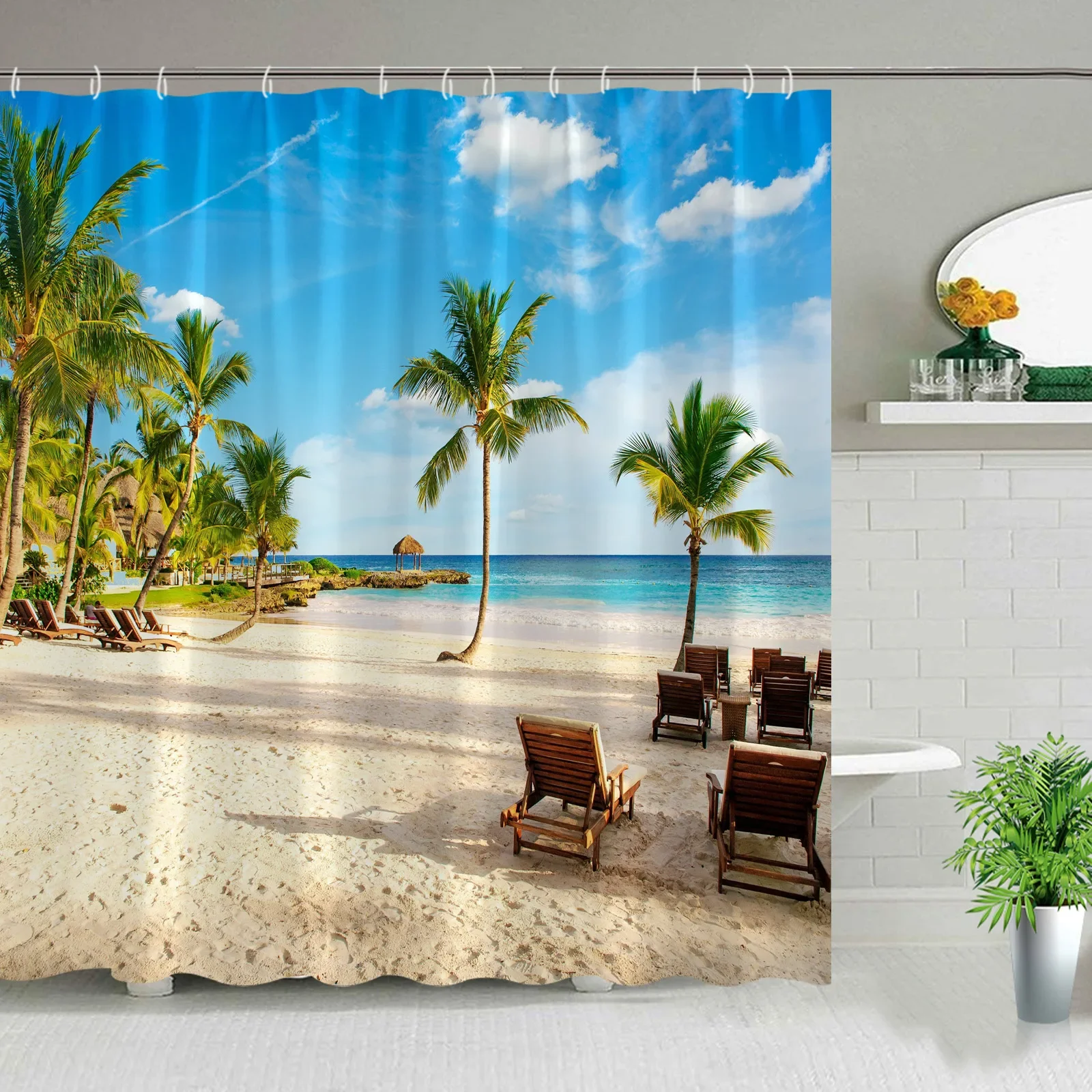 Hawaii Landscape Outdoor Shower Curtain Island Beach Coconut Tropical Ocean Natural Landscape Hanging Curtain Bathroom Decor Set