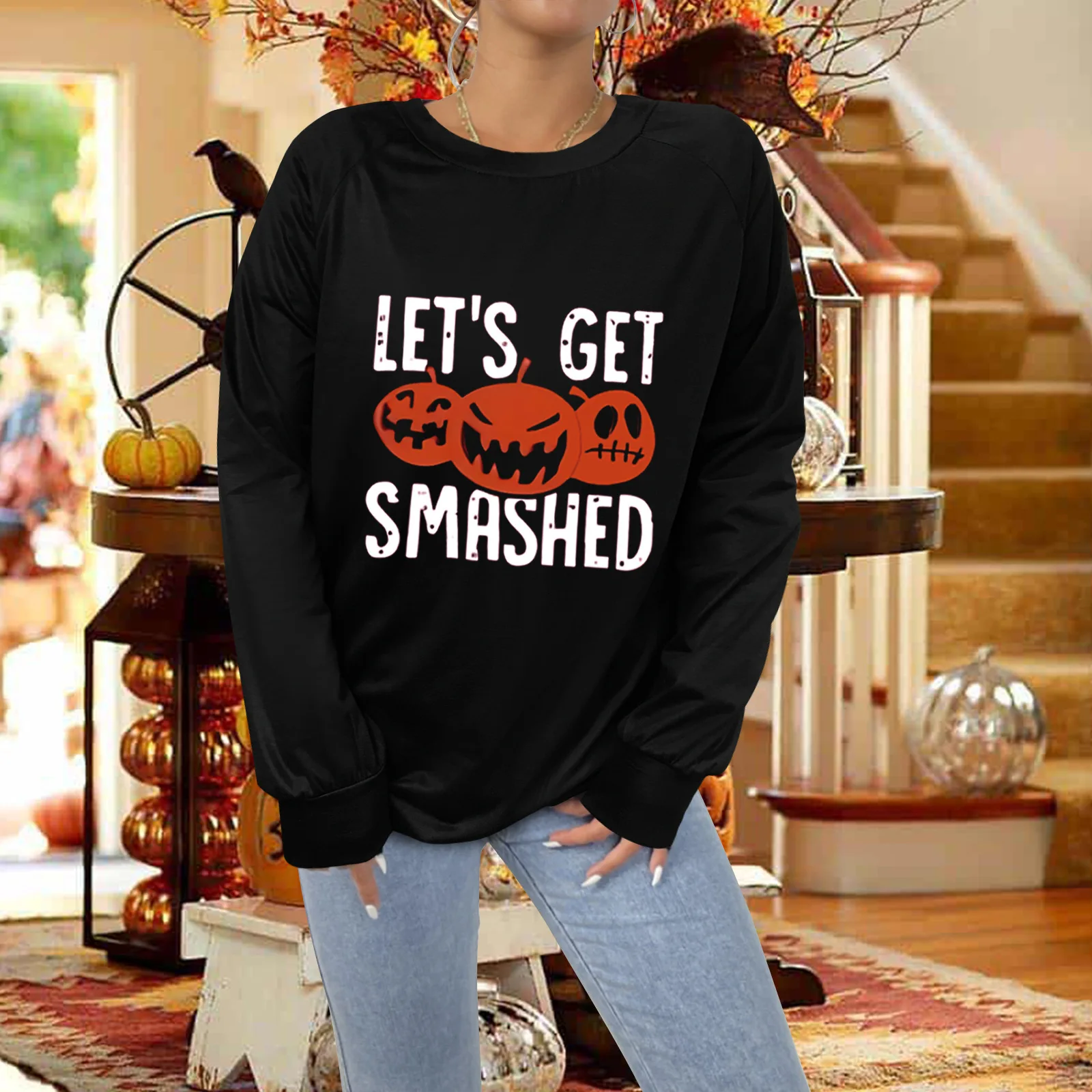 Funny Skull Print T Shirts Women Fashion Halloween Cute Clothes for Girls Y2K Streetwear Graphic Long Sleeve Tops Loose Casual