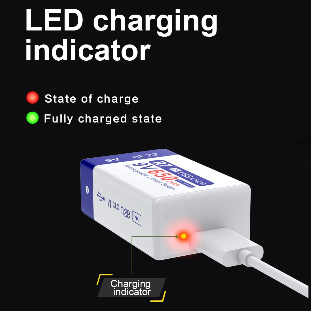 R7 9V li-ion Rechargeable Battery 650mAh type-c charging 9 volt lithium ion batteries 9 v 6F22 for Metal detector Multimeter Toy