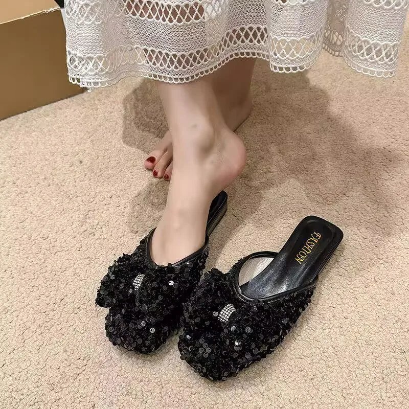 Sequins Slippers 2024 New Summer Women Sweet Butterfly-knot Flat Female Bling Leisure Holiday Sandals Flip-flops 35-40