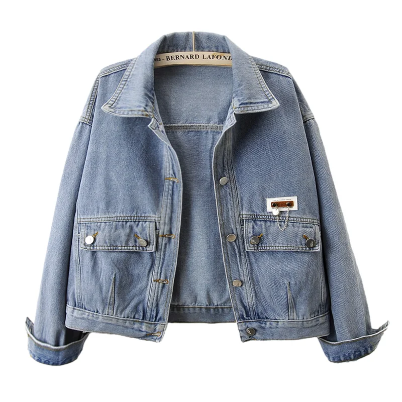 Frühling Vintage Hellblau Denim Jacke Frauen Lose Kurze Casual Cowboy Oberbekleidung Langarm Große Tasche Jeans Jacke Mantel Weibliche