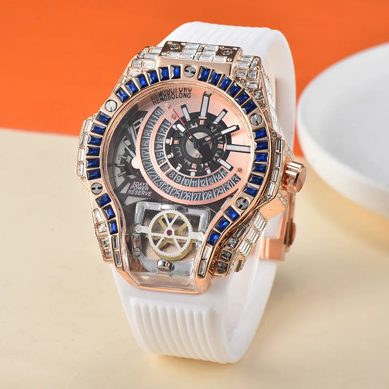 Men\'s three-hand quartz watch fashion sporty special-shaped blue full diamond watch