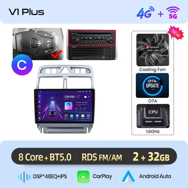 Junsun draadloze CarPlay Android Auto autoradio voor Peugeot 307 (Hatchback/SW/CC) 2001-2008 met ingebouwde koelventilator, Android GPS navigatie, multimediaspeler, WiFi, DSP, RDS, BT, SWC, IPS