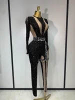 Sexy Sparkly Diamond Black Long Sleeves Bodycon Mesh Jumpsuit Evening Party Nightclub Bar Singer Performance Stage Costume 2