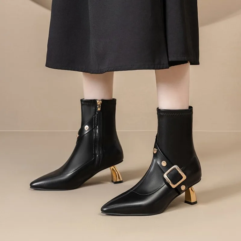 

Women's New Autumn High-heeled Shoes Pointy Riveted Belt Buckle Side Zipper Special-shaped Anti-slip Wear-resistant Ankle Boots