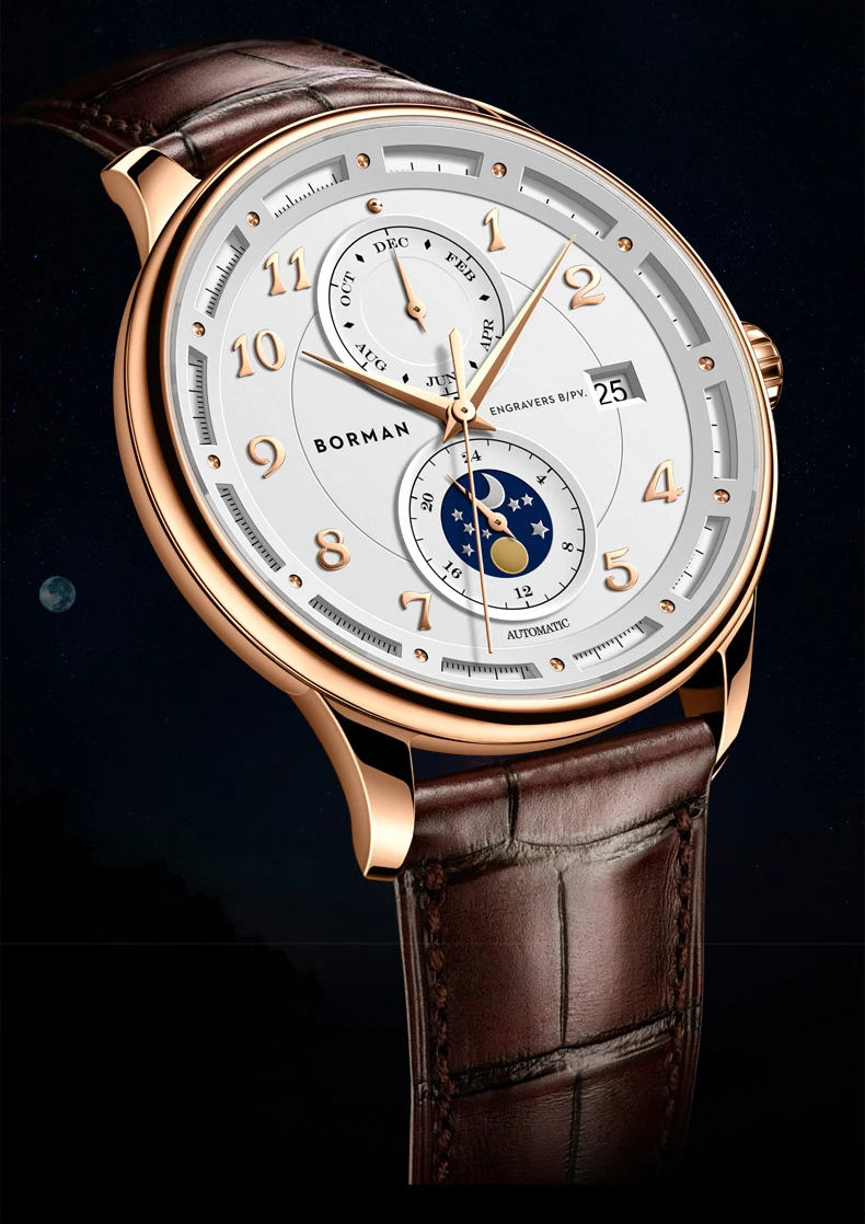 BORMAN 남자 자동 시계 41mm 빈티지 기계식 손목 시계 50m 방수 사파이어 빛나는 멀티 다이얼 월 날짜 24 시간