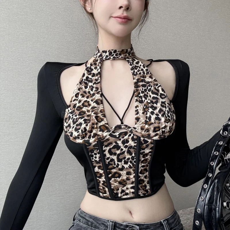 

Female Long Sleeves Hollow neck hanging Women's Clothing Tops Tees T-Shirts Leopard Print Fitted Jumpsuit ﻿autumn Clothes New