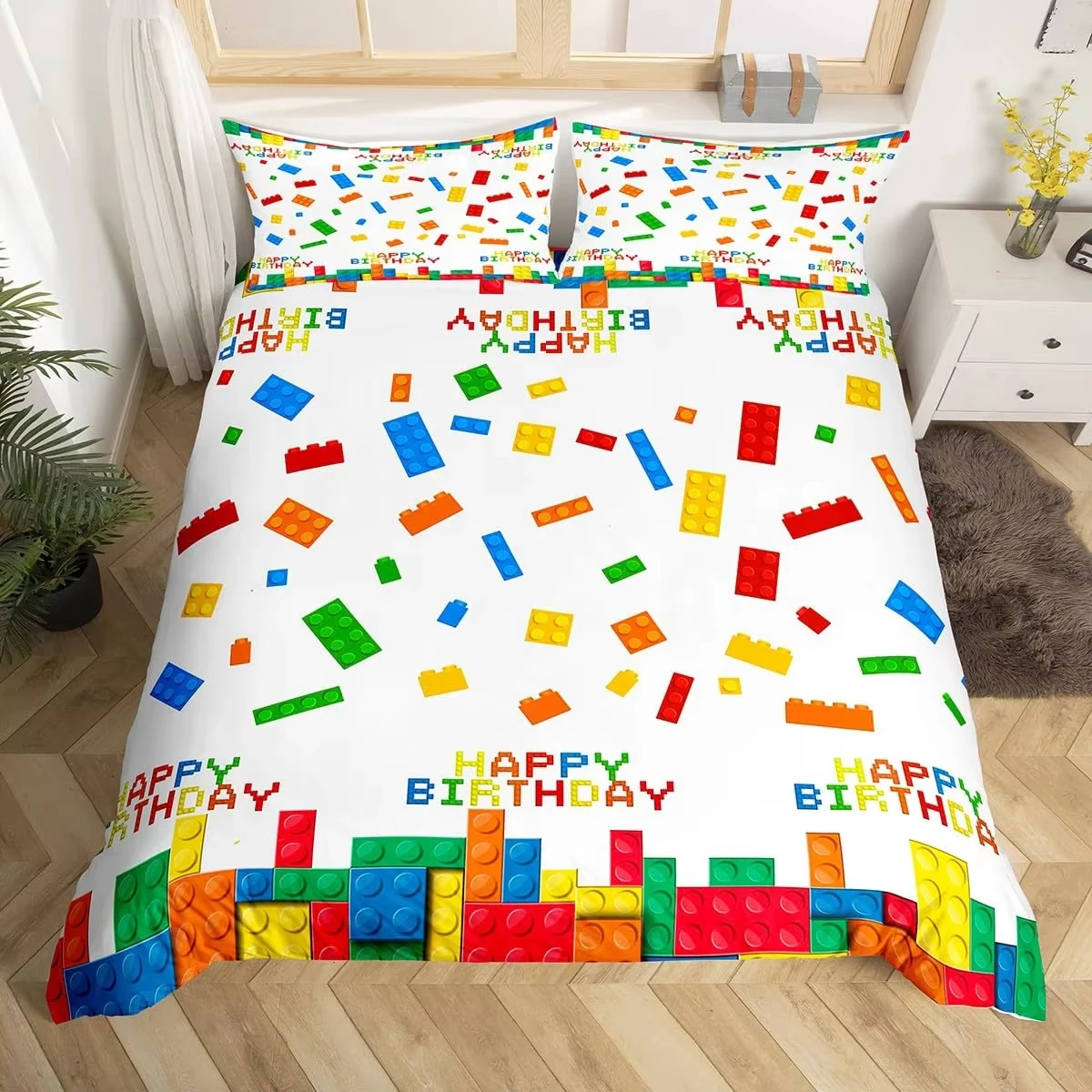 Happy Birthday Bedding Sets 3D Building Blocks Duvet Cover Single Queen,Colorful Construction Comforter Cover with 2 Pillowcase