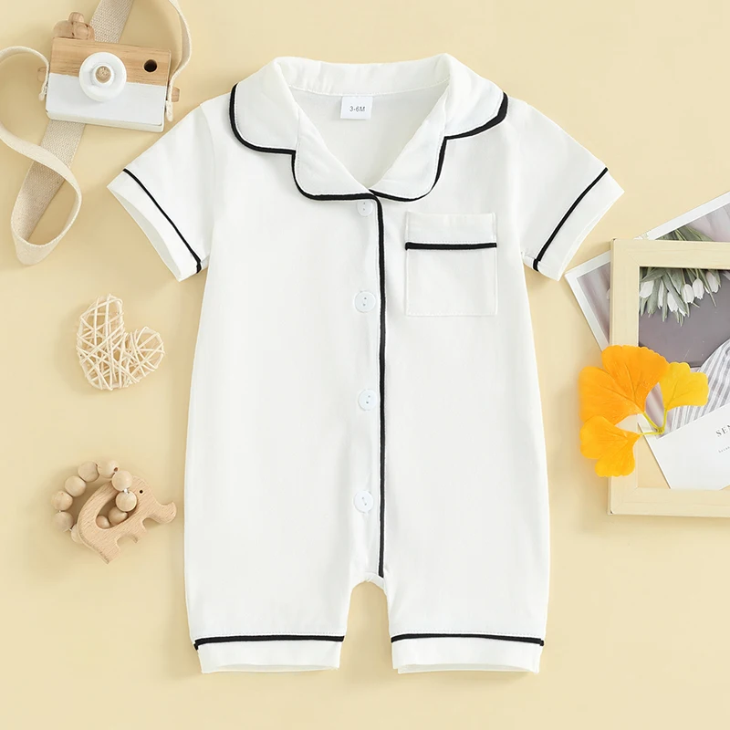 

VISgogo Baby Pajamas Rompers Turn-Down Collar Short Sleeve Sleepwear Buttons Pocket Infant Sleepers Bodysuits